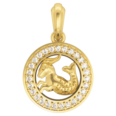 Capricorn Charm Pendant in 14K Gold with Diamonds on Leather Cord
